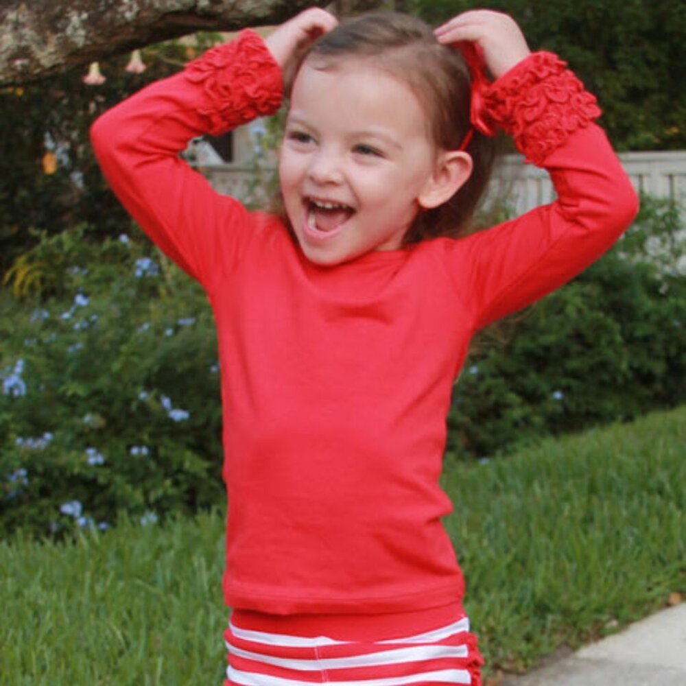 Red Ruffle-Cuff Long Sleeve Tee